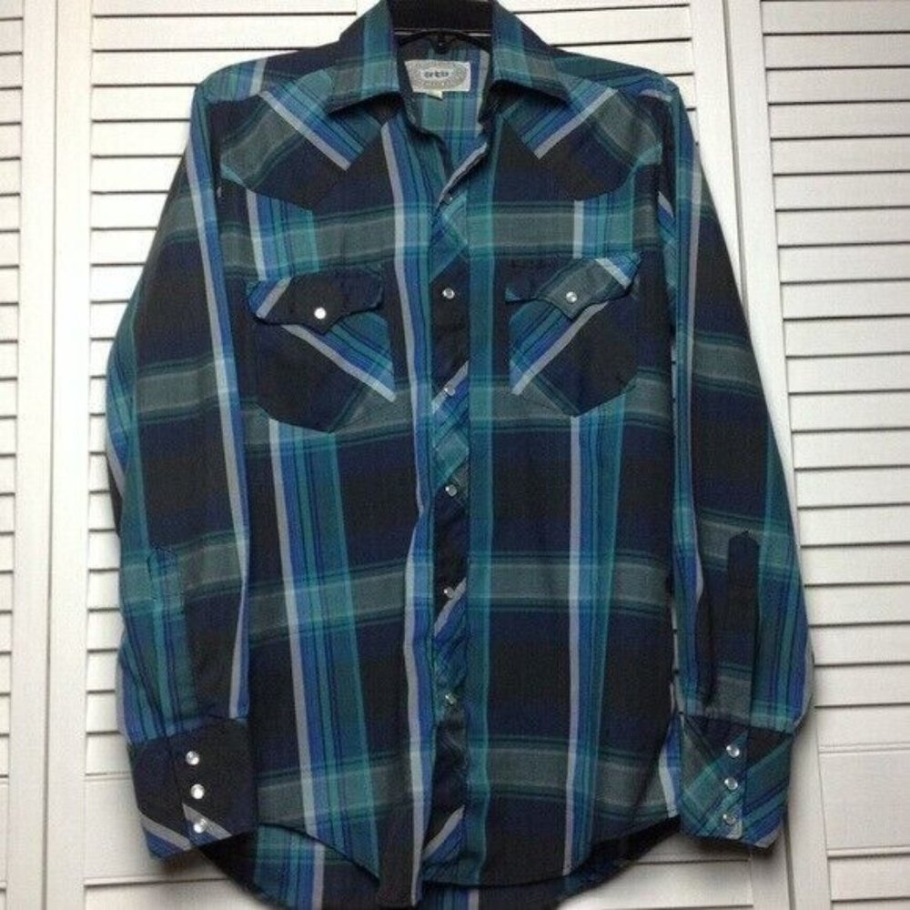 ATB Mens Shirt Size 15 1/2 Black Plaid Pearl Snap Western Pockets Long Sleeve